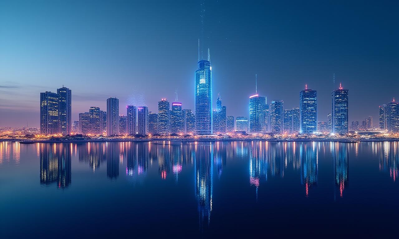 منظر بانورامي حديث لمدينة مسقط مع تراكبات رقمية للبيانات المالية